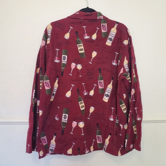 PJ Salvage Women's L Wine Bottle Glass Print Flannel Pajama Top Sleepwear Button - Picture 8 of 14